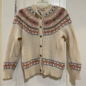 Susan Bristol Cream Multicolor vintage Cardigan fair isle heart pattern small
